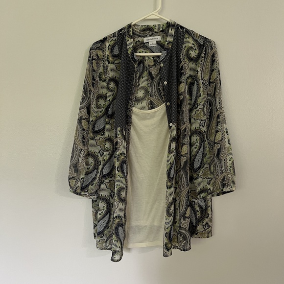 Liz Claiborne XL Long Sleeve Blouse Attached White Tank Paisley Casual Boho Chic - Picture 3 of 5